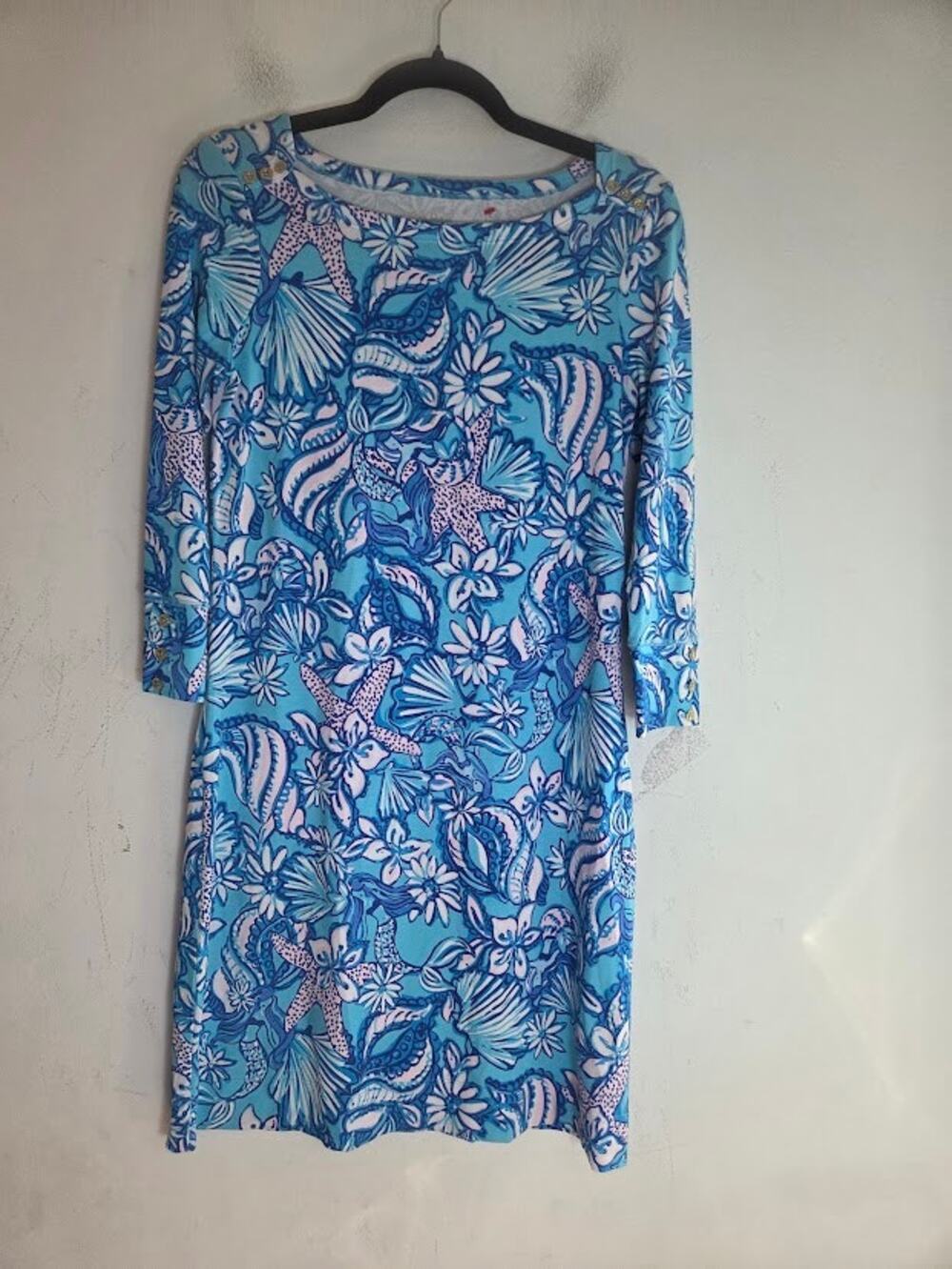 Lilly Pulitzer Blue w/White Floral Jersey Knit 3/4 Sleeves Shift Dress sz Small